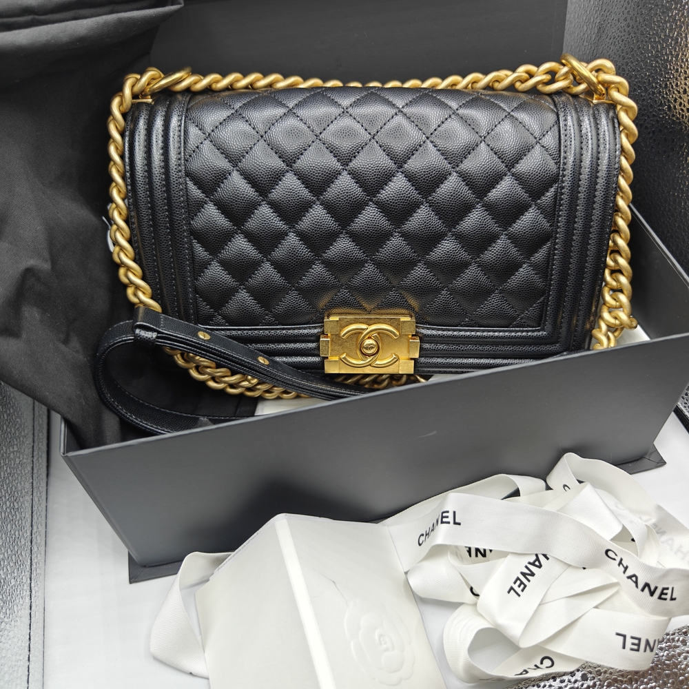 CHANEL Black and Gold Quilted Shoulder Bag